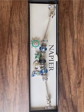 Napier Silver-Tone Bracelet with Blue Beads & Green Nautical Charms